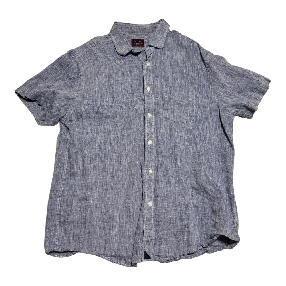 UNTUCKit 100% Linen Blue Collared Button Up Short Sleeve Shirt Men's Large